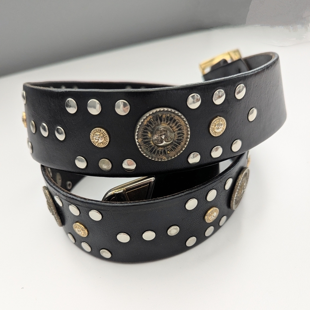 Vintage Unisex Black Studded Leather Sun Medallion Belt